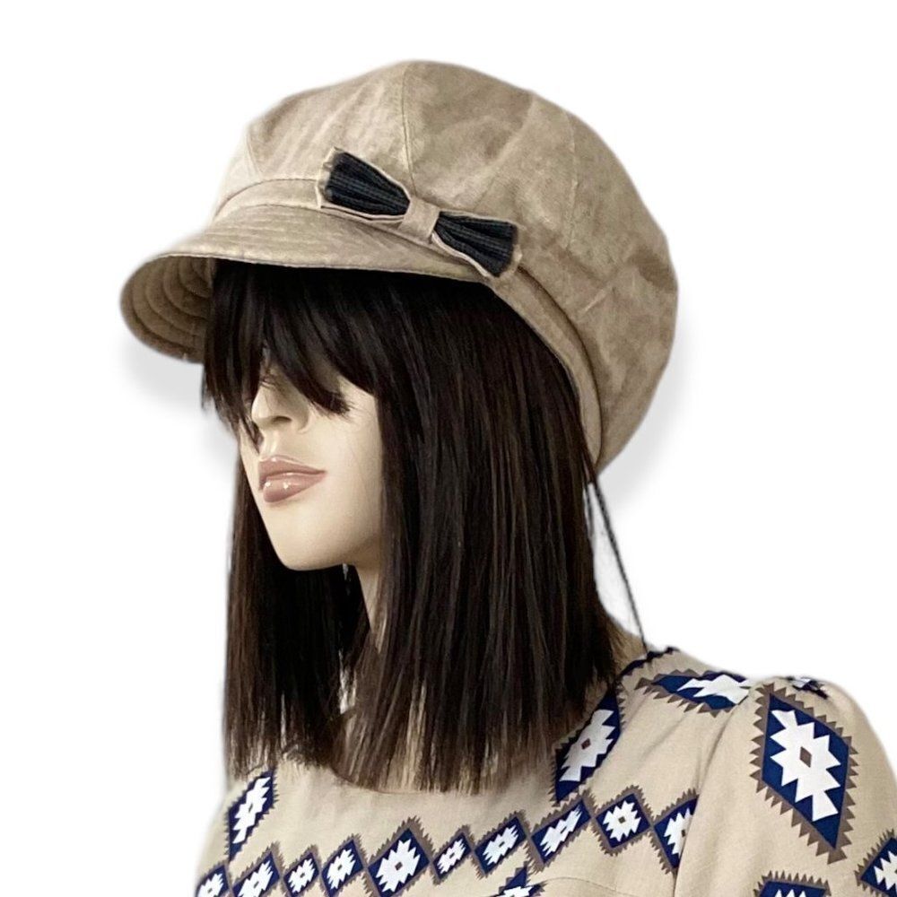 Tan Linen Gingham Bow Cabbie Newsboy Hat NEW